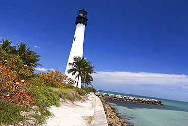 Cape Florida Lighthouse under blue sky, Bill Baggs State Park, Key Biscayne, Miami, Florida, USA