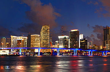 The illuminated high rise buildings at downtown at night, Miami, Florida, USA