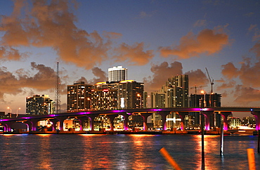 The illuminated high rise buildings at downtown in the evening, Miami, Florida, USA