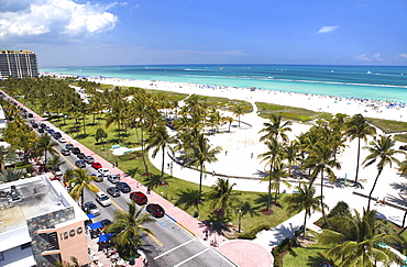 View at the Lummus Park and the beach, Ocean Drive, South Beach, Miami Beach, Florida, USA