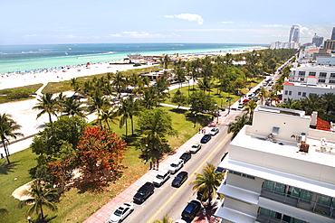 View at the Lummus Park and the beach, Ocean Drive, South Beach, Miami Beach, Florida, USA