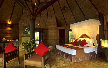 Interior view of a bure of the Matangi Island Resort on Matangi Island, Fiji, South Seas, Oceania