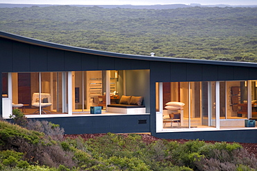 The illuminated deserted rooms of the Southern Ocean Lodge at the bush, Kangaroo Island, South Australia, Australia