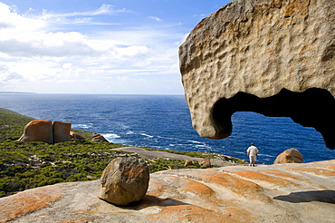 A man standing amidst the Remarkable Rocks at Flinders Chase National Park at the coast, Kangaroo Island, South Australia, Australia