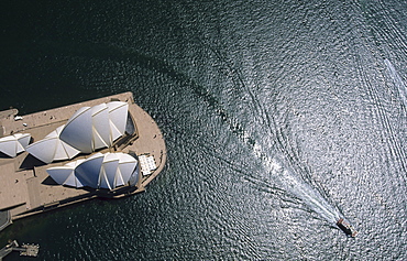 Aerial view of the famous Sydney Opera House on the waterfront, Sydney, New South Wales, Australia