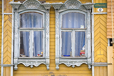 Wooden facade of a residential building in Uglich, Yaroslavl Oblast, Russia