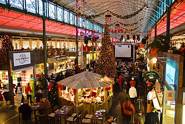 Market Hall Schrannenhalle with christmas decoration, Munich, Upper Bavaria, Germany