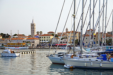 View at sailing boats and Rab harbour in the evening, Rab Island, Croatia, Europe