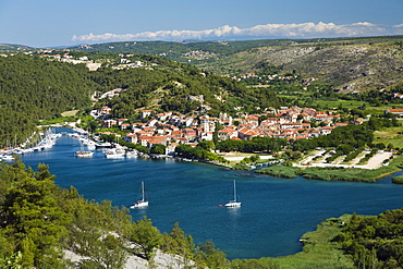 View at the town of Skradin at Krka river, Krka National Park, Dalmatia, Croatia, Europe