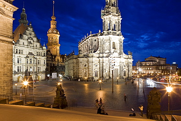 Schlossplatz with Dresden Castle, Catholic Court Church and Semperoper in the background, Dresden, Saxony, Germany