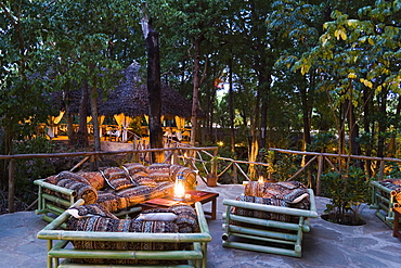 Illuminated bridge to dining room, The Sands, Chale Island, Coast, Kenya