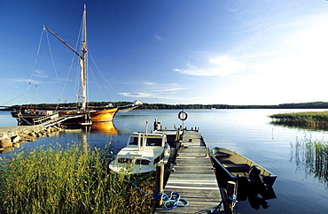 View at a boat at a jetty off the archipelagos, Finland, Europe