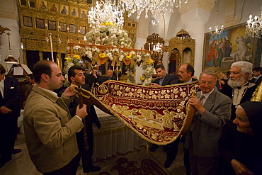 Orthodox Good Friday religious service in a church, Omodos, Troodos mountains, South Cyprus, Cyprus