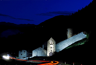 Muehlbacher Klause next to a street at night, Muehlbach, Puster valley, South Tyrol, Italy, Europe