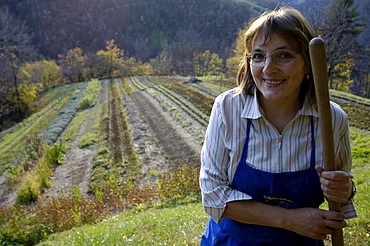 Martha Mulser in her herbal garden, Medicinal herbs, plants, organic farming, herbal farm, Pflegerhof Martha Mulser, Seis am Schlern, Schlern, South Tyrol, Italy