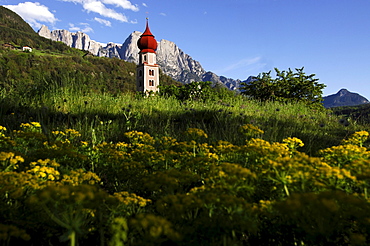 Church of St Oswald with onion dome, St Oswald, Kastelruth, Castelrotto, Schlern, South Tyrol, Italy