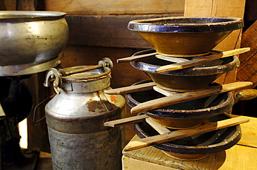 Cheese and butter production, Milk churns and containers, Local history museum in Tschoetscherhof, St. Oswald, Kastelruth, Castelrotto, South Tyrol, Italy