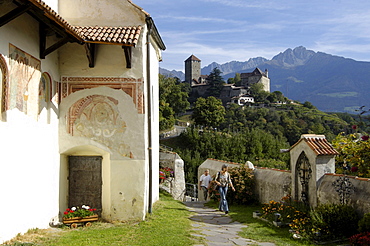 View at church St. Peter and the castle Tyrol, Burggrafenamt, Etsch valley, Val Venosta, South Tyrol, Italy, Europe