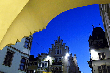 Bozano Lauben at night, House facades in the old town of Bozano, Bolzano, South Tyrol, Italy