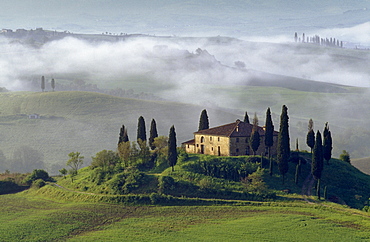 View at country house with cypresses on a hill, Val d'Orcia, Tuscany, Italy, Europe