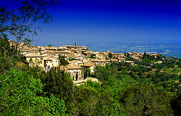 Wine village Montalcino under blue sky, Tuscany, Italy, Europe