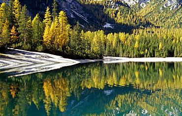 Lake with reflection, Lago di Braies, Dolomite Alps, South Tyrol, Italy