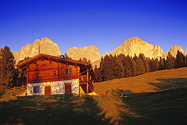 Alpine hut at Cima Catinaccio, Dolomite Alps, South Tyrol, Italy