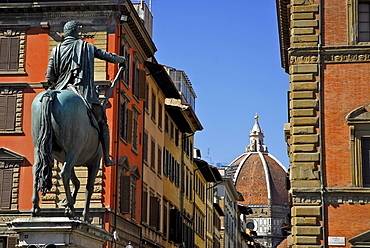 Equestrian statue of Ferdinand I. under blue sky, Piazza S S Annunziata, Florence, Tuscany, Italy, Europe