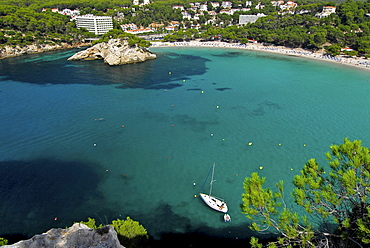 View from viewpoint towards Cala Galdana, Minorca, Balearic Islands, Spain