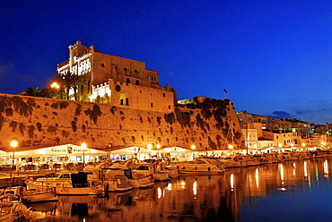 Marina and town hall at Ciutadella shortly after sunset, Minorca, Balearic Islands, Spain