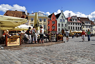 People sitting in a cafe at Raekoja Plats, town hall square, Tallinn, Estonia