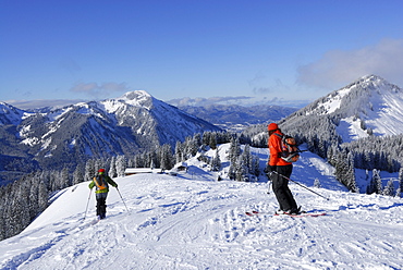 Two skiers downhill skiing on slope, Rosskopf, Spitzing, Bavarian Alps, Bavaria, Germany