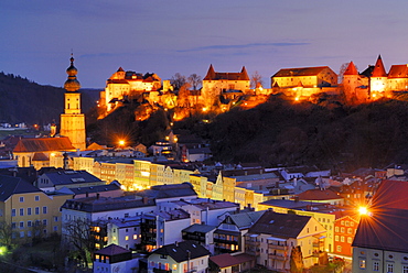 View to old town with castle at night, Burghausen, Upper Bavaria, Germany