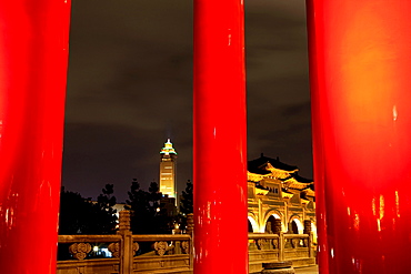 View from the taiwanese National Theatre to the entrance gate of the Chiang Kai-shek Memorial Hall at night, Taipei, Taiwan, Asia