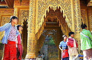 Women standing in front of the Popa Taung Kalat monastery, Mount Popa, Myanmar, Burma, Asia