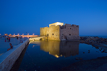 Paphos Castle at Paphos harbour at night, reflection in the water, Paphos, South Cyprus, Cyprus