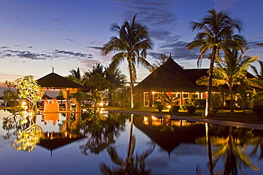 Resort Moevenpick at twilight, luxery table in small pavillion, sunset, south coast of Mauritius, Africa