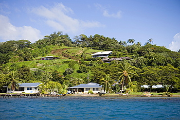 Houses at the coastline in the sunlight, Raiatea, Society Islands, French Polynesia, South Pacific, Oceania