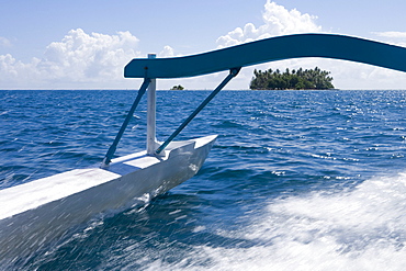 Boat trip in a canoe to Motu island at Raiatea Lagoon, Raiatea, Society Islands, French Polynesia, South Pacific, Oceania