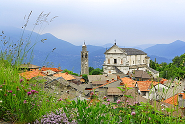 Spire and church above the roofs of Viggiona, Viggiona, Cannero, lake Maggiore, Lago Maggiore, Piemont, Italy