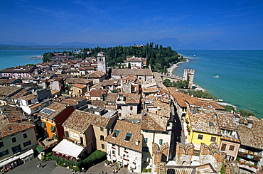 High angle view at houses in the sunlight, Sirmione, Lake Garda, Lombardy, Italy, Europe