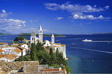 View over Bay of Kvarner and steeples in the sunlight, Rab island, Croatian Adriatic Sea, Dalmatia, Croatia, Europe