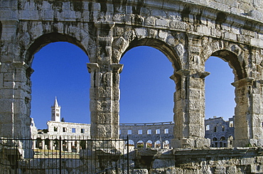Roman amphitheater under blue sky, Pula, Croatian Adriatic Sea, Istria, Croatia, Europe