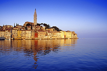 View to the Old Town of Rovinj under blue sky, Croatian Adriatic Sea, Istria, Croatia, Europe