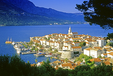 View over the Old Town and the harbour in the sunlight, Korcula island, Croatian Adriatic Sea, Dalmatia, Croatia, Europe