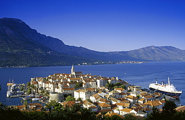 View over the Old Town and the harbour under blue sky, Korcula island, Croatian Adriatic Sea, Dalmatia, Croatia, Europe