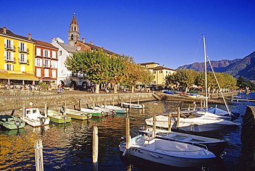 Boats at harbour under blue sky, Ascona, Lago Maggiore, Ticino, Switzerland, Europe