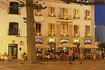 Hotel and bar at main square, Nerja, Andalusia, Spain