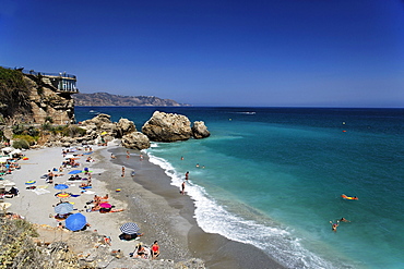 Playa del Salon, Balcon de Europa in background, Nerja, Andalusia, Spain