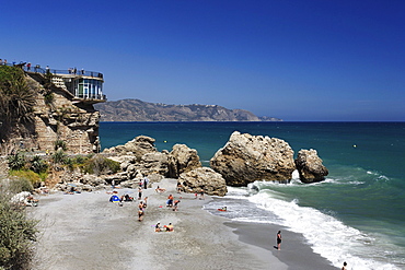 Playa del Salon, Balcon de Europa in background, Nerja, Andalusia, Spain